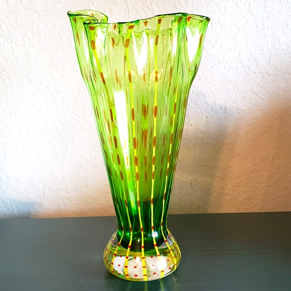 Handblown Art Glass Vintage Retro Green w/Yellow Stripes & Red Dots Groovy Vase - Picture 2 of 9